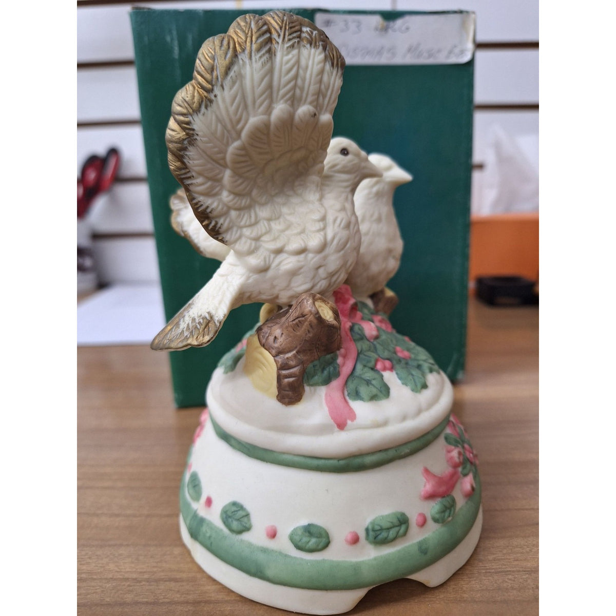 Two Turtle Doves Christmas Music Box Figurine Ceramic Hand-Painted Floral Design