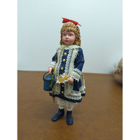 Porcelain Doll In Blue Dress With Lace Red Bow & Watering Can Accents 10 Inches
