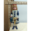Porcelain Doll In Blue Dress With Lace Red Bow & Watering Can Accents 10 Inches
