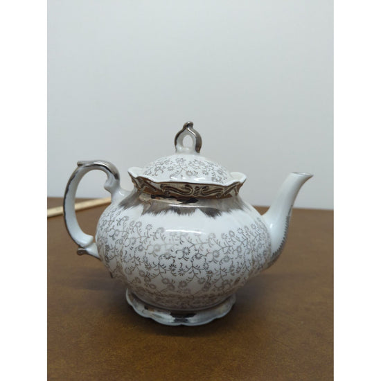 Vintage Sterling China Teapot With Floral Pattern & Silver Trim 6" Tall