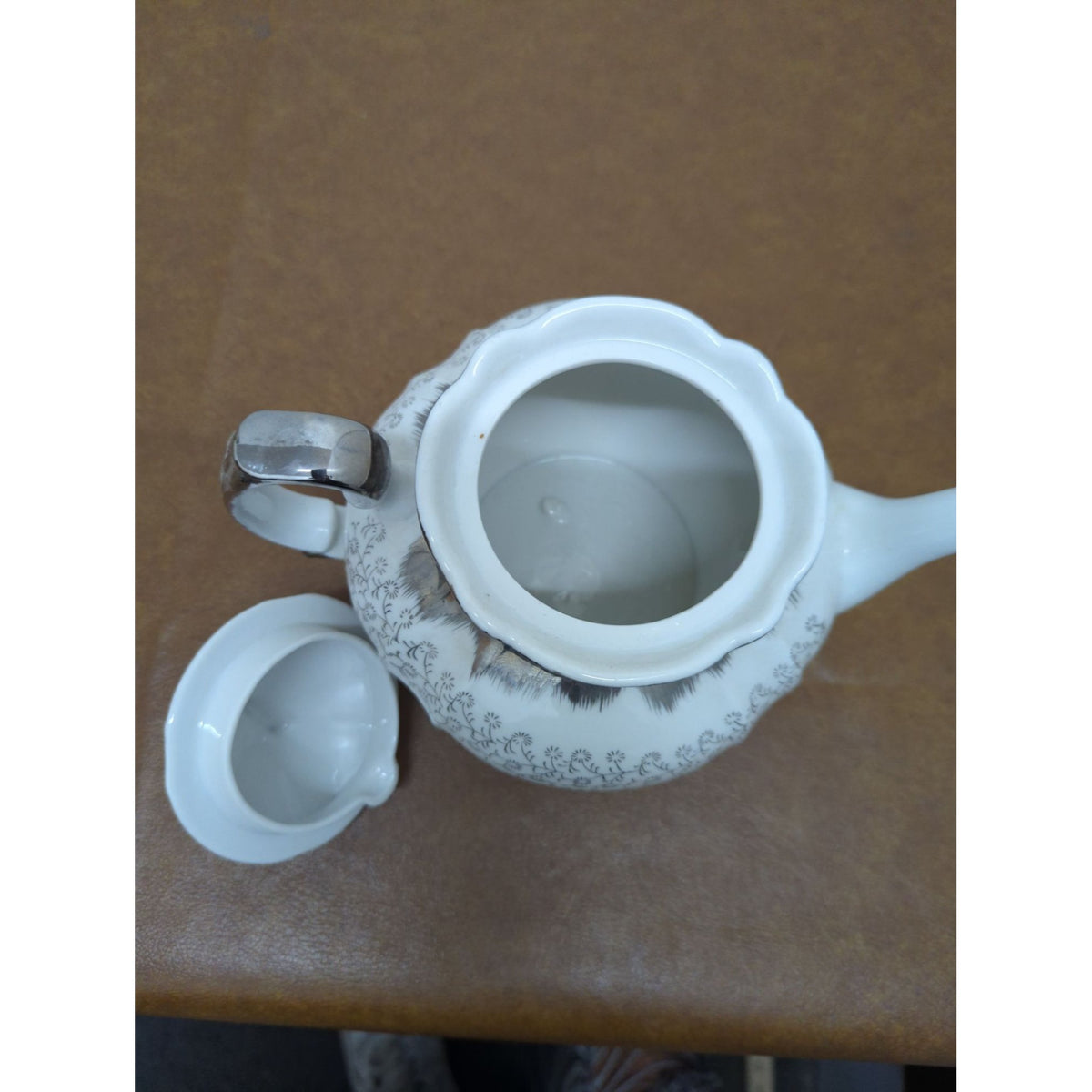 Vintage Sterling China Teapot With Floral Pattern & Silver Trim 6" Tall
