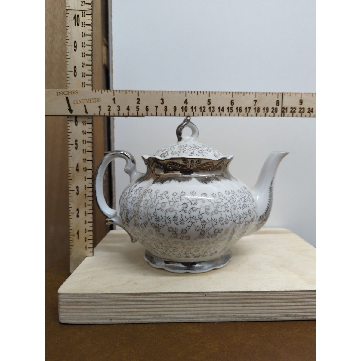 Vintage Sterling China Teapot With Floral Pattern & Silver Trim 6" Tall