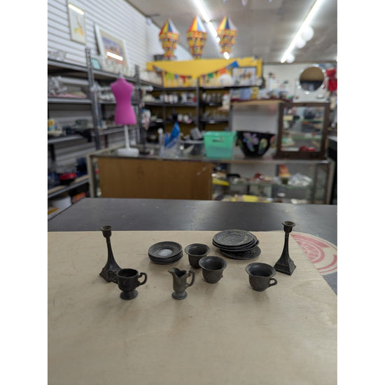 Vintage Miniature Pewter Tea Set With Plates Cups Candlesticks & Pitcher Floral Design Collectible Dollhouse Accessory Decor