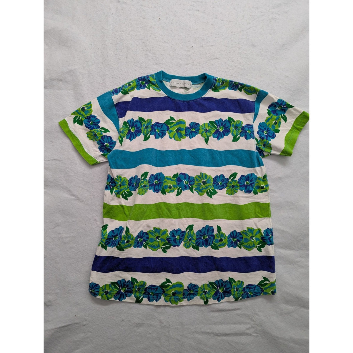 Vintage Colleen Conrad Striped Floral Print T-Shirt S