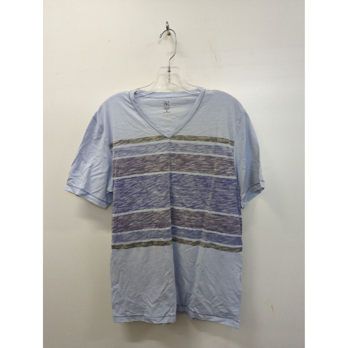 INC Mens Light Blue V-Neck T-Shirt With Striped Pattern Size M