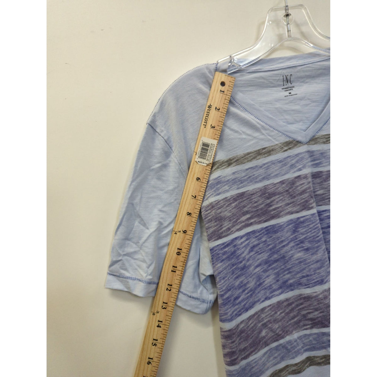 INC Mens Light Blue V-Neck T-Shirt With Striped Pattern Size M