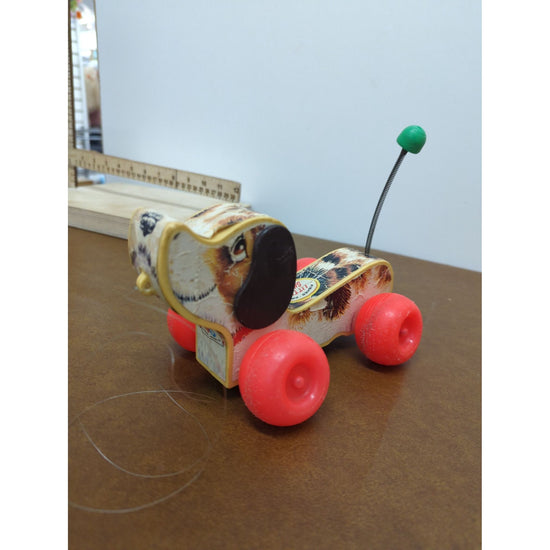 Vintage Fisher-Price Little Snoopy Pull Toy With Red Wheels & Spring Tail 1960s Dog Design Wood & Plastic Collectible