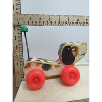 Vintage Fisher-Price Little Snoopy Pull Toy With Red Wheels & Spring Tail 1960s Dog Design Wood & Plastic Collectible