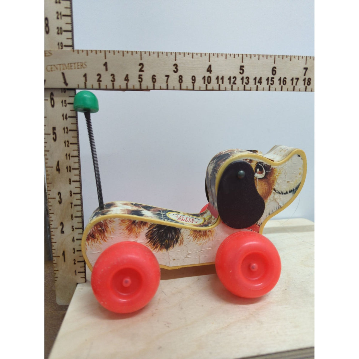 Vintage Fisher-Price Little Snoopy Pull Toy With Red Wheels & Spring Tail 1960s Dog Design Wood & Plastic Collectible