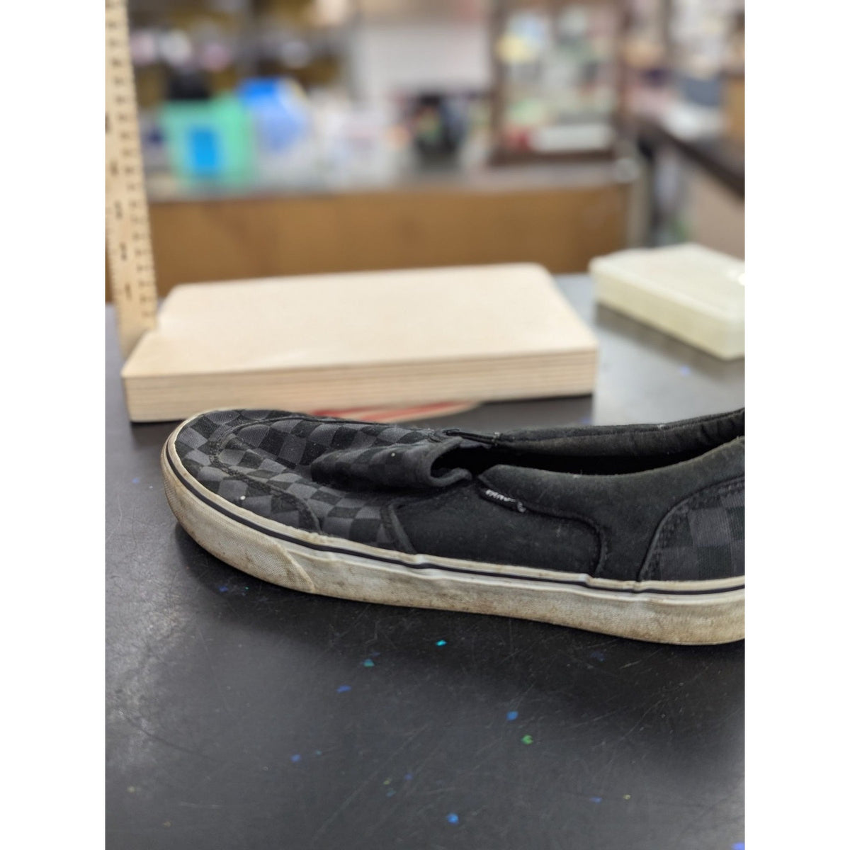 Vans Checkerboard Slip-On Sneakers Black/Gray Canvas Mens Size 8.5 Pre-Owned