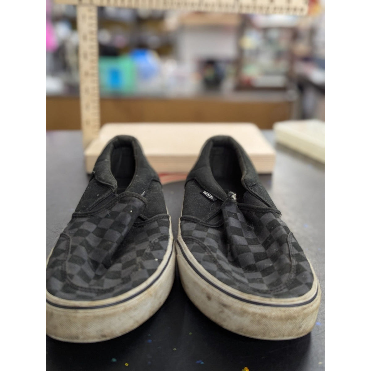 Vans Checkerboard Slip-On Sneakers Black/Gray Canvas Mens Size 8.5 Pre-Owned