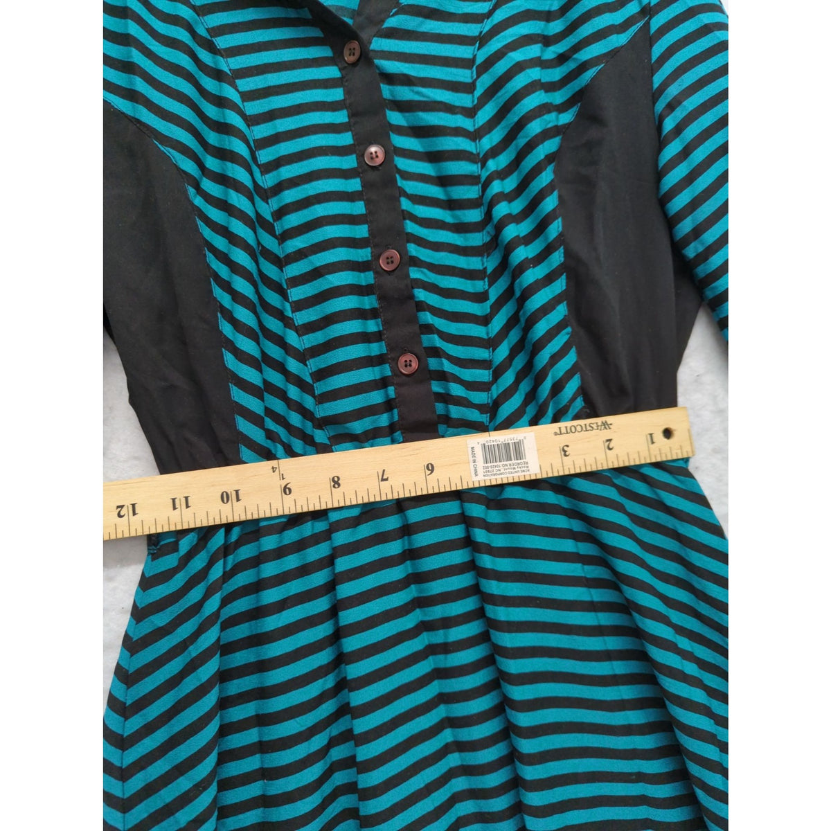 Striped Teal & Black Long-Sleeve Button-Up Shirt Dress M By Shes Cool Knee-Length Polyester Made In India