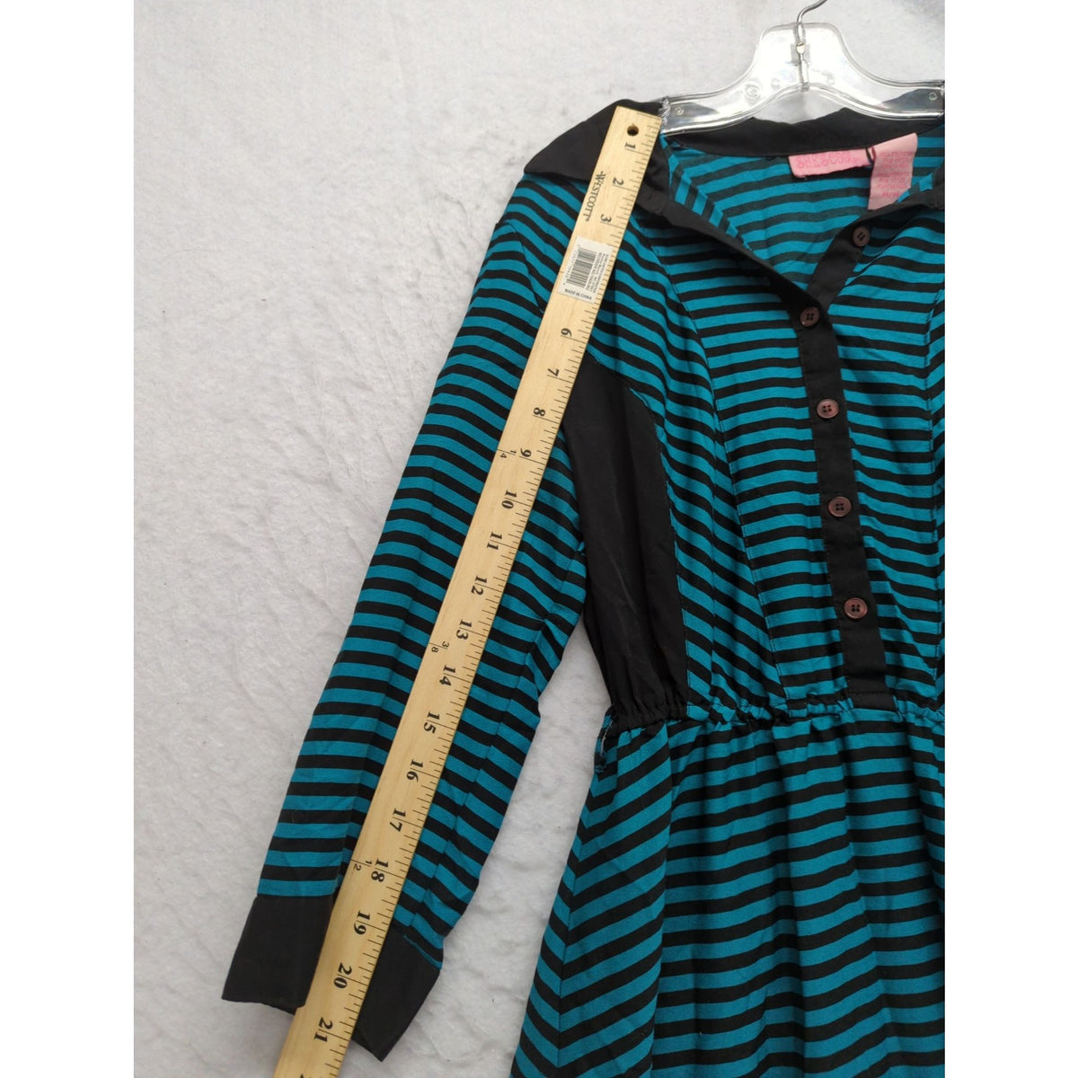 Striped Teal & Black Long-Sleeve Button-Up Shirt Dress M By Shes Cool Knee-Length Polyester Made In India
