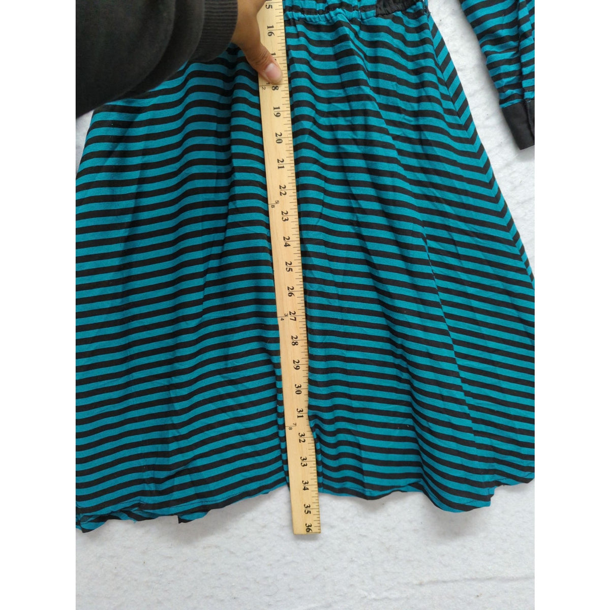 Striped Teal & Black Long-Sleeve Button-Up Shirt Dress M By Shes Cool Knee-Length Polyester Made In India