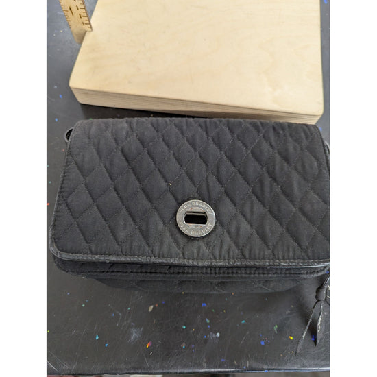 Vera Bradley Black Quilted Crossbody Bag With Floral Interior Lining Adjustable Strap And Metal Turn-Lock Closure