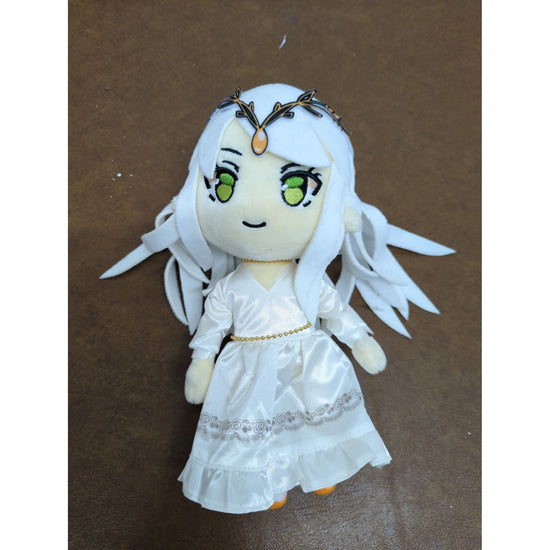 Anime-Inspired Plush Doll With Long White Hair & Embroidered Green Eyes Wearing Satin Dress & Crown 10 Inches Tall