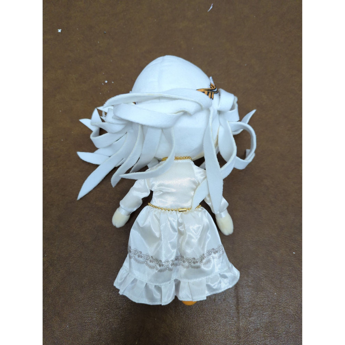 Anime-Inspired Plush Doll With Long White Hair & Embroidered Green Eyes Wearing Satin Dress & Crown 10 Inches Tall