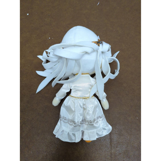 Anime-Inspired Plush Doll With Long White Hair & Embroidered Green Eyes Wearing Satin Dress & Crown 10 Inches Tall