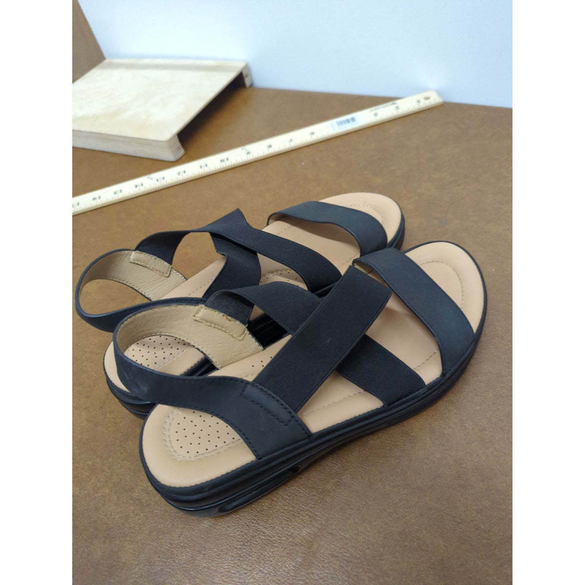 Black Elastic Strap Sandals With Cushioned Sole Perforated Insole And Non-Slip Outsole For Women - Size 9