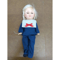 Vintage Blonde Doll In Blue Sailor Outfit With Red Bow 12 Inches Tall Sleepy Eyes Cloth Body Pre-Owned