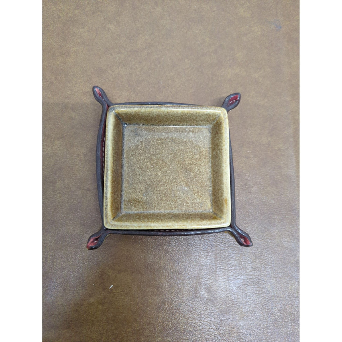 Essenza Leather & Ceramic Square Valet Tray With Brown & Yellow Finish 5"x5" Modern Design