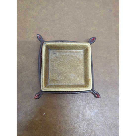 Essenza Leather & Ceramic Square Valet Tray With Brown & Yellow Finish 5"x5" Modern Design