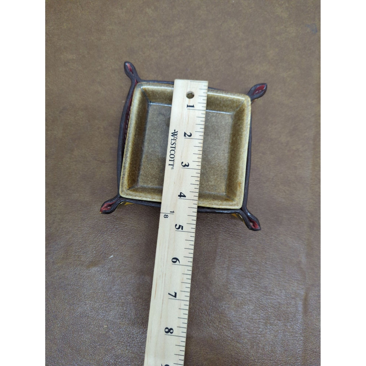 Essenza Leather & Ceramic Square Valet Tray With Brown & Yellow Finish 5"x5" Modern Design