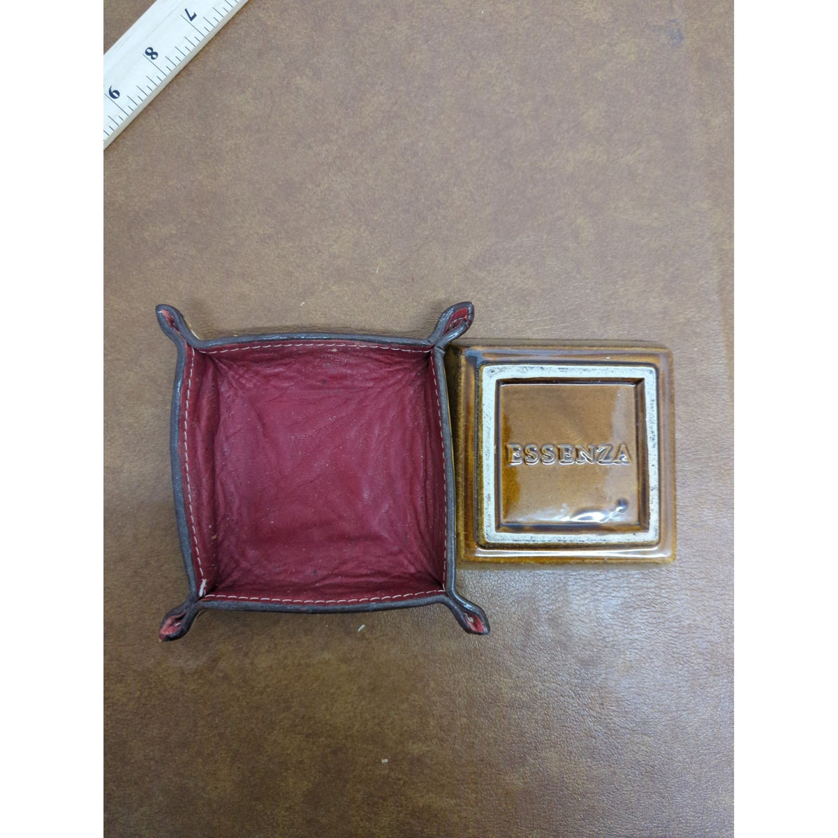 Essenza Leather & Ceramic Square Valet Tray With Brown & Yellow Finish 5"x5" Modern Design