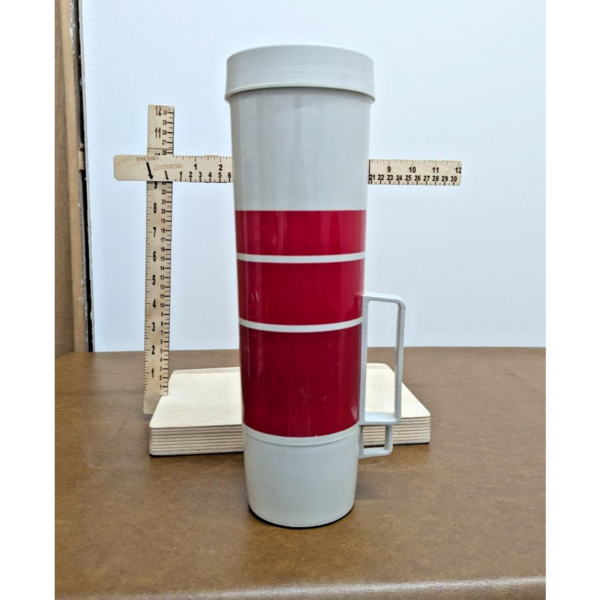 Vintage Thermos Red & White Insulated Travel Mug With Handle & Cup Lid 11" Tall