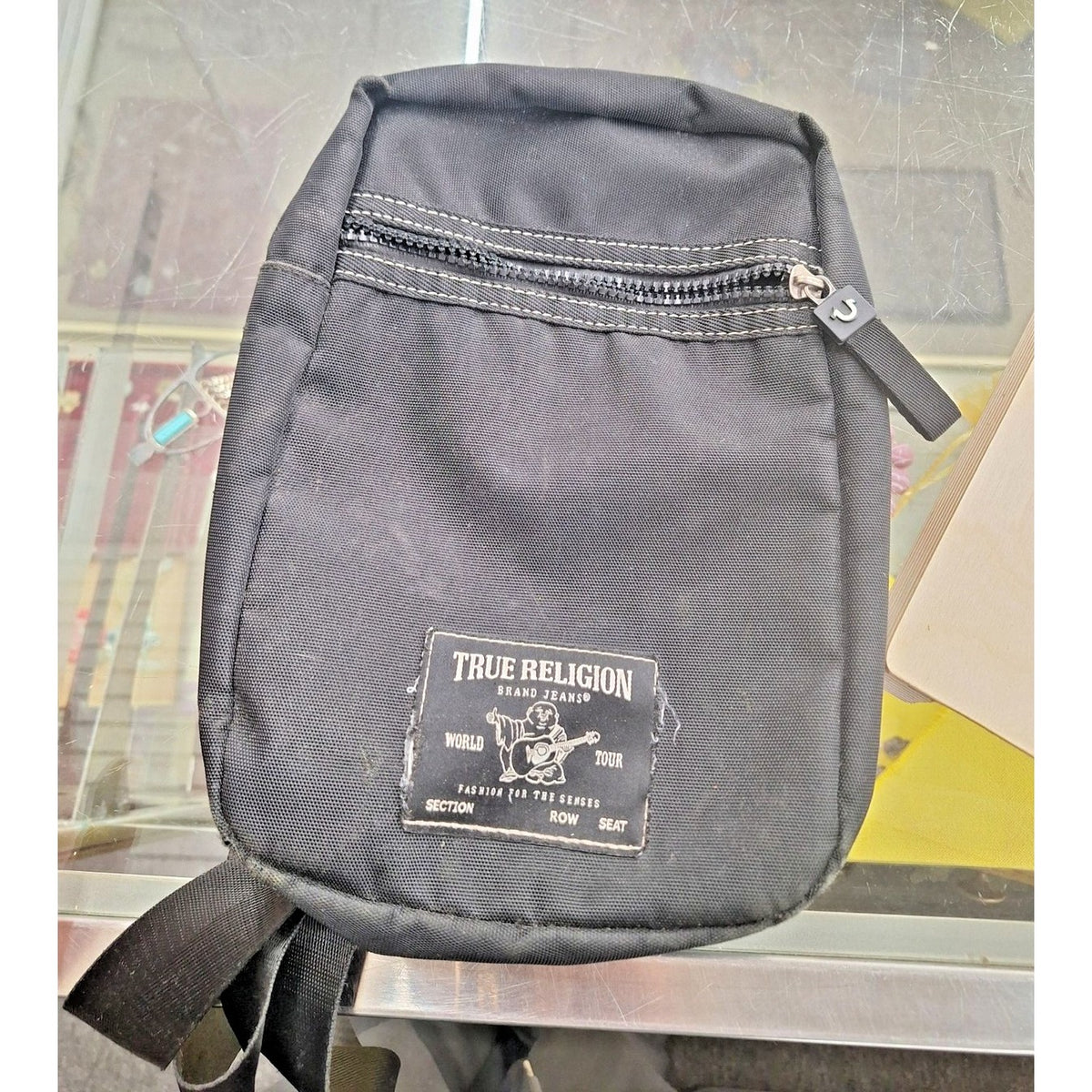 True Religion Crossbody Bag Black Canvas Adjustable Strap Multiple Zipper Pocket