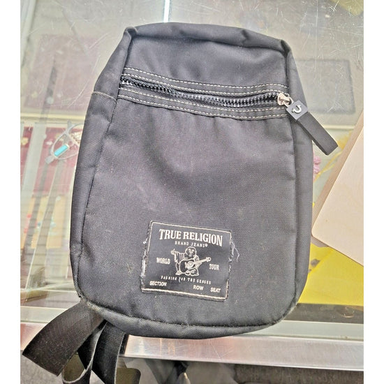 True Religion Crossbody Bag Black Canvas Adjustable Strap Multiple Zipper Pocket
