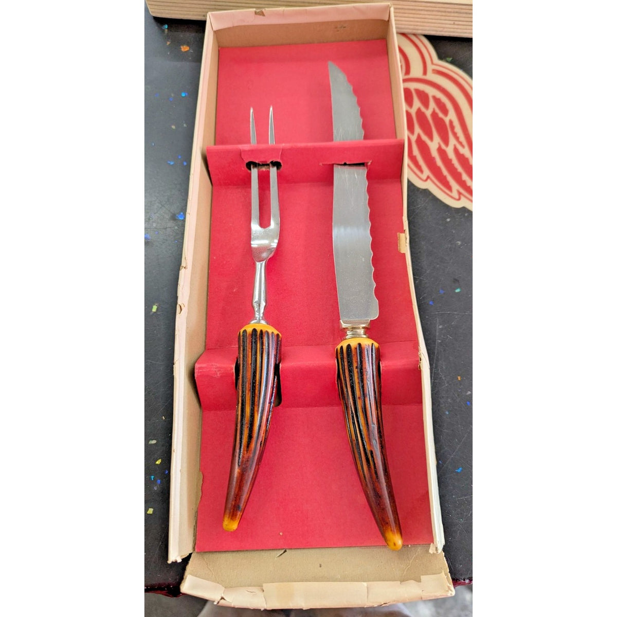 Vintage Carving Knife & Fork Set With Faux Antler Handles In Original Box
