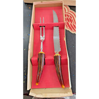 Vintage Carving Knife & Fork Set With Faux Antler Handles In Original Box