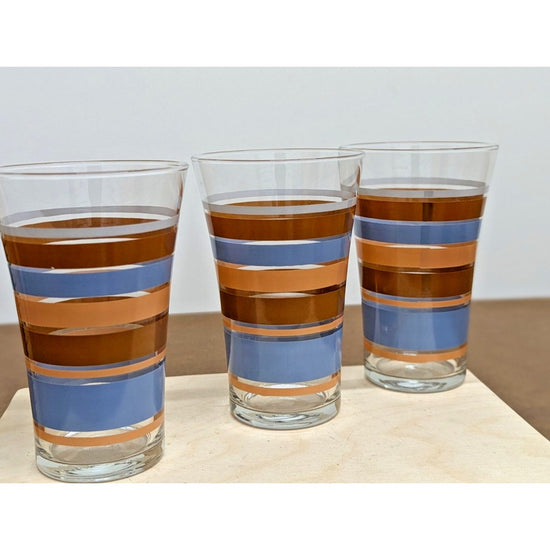 Set Of 3 Mid-Century Glasses With Blue & Gold Stripes 5.5" Tall Retro Drinkware