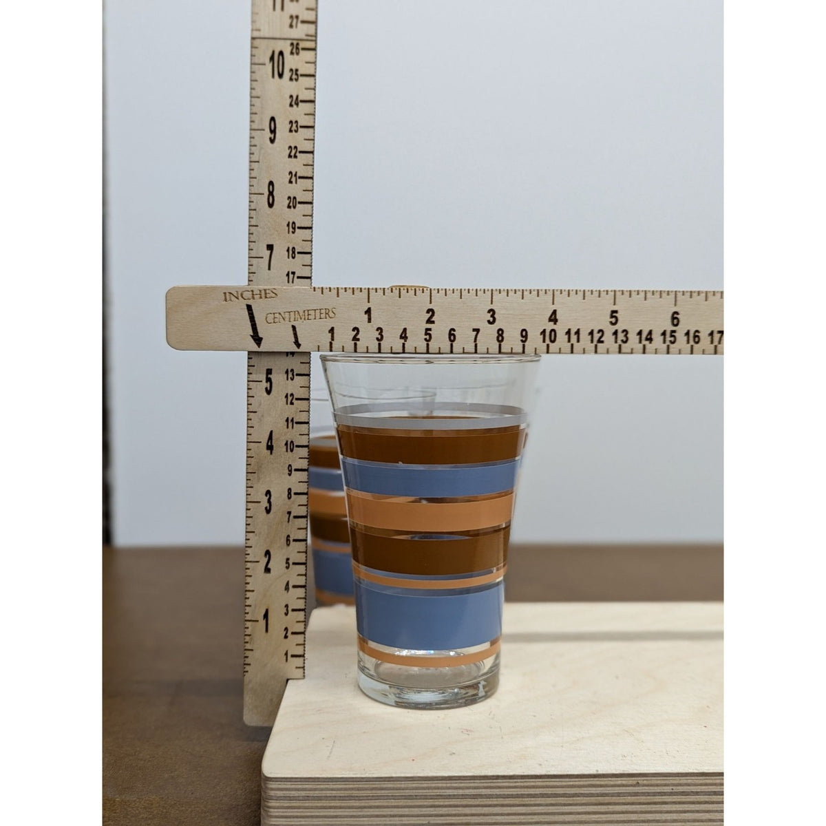 Set Of 3 Mid-Century Glasses With Blue & Gold Stripes 5.5" Tall Retro Drinkware