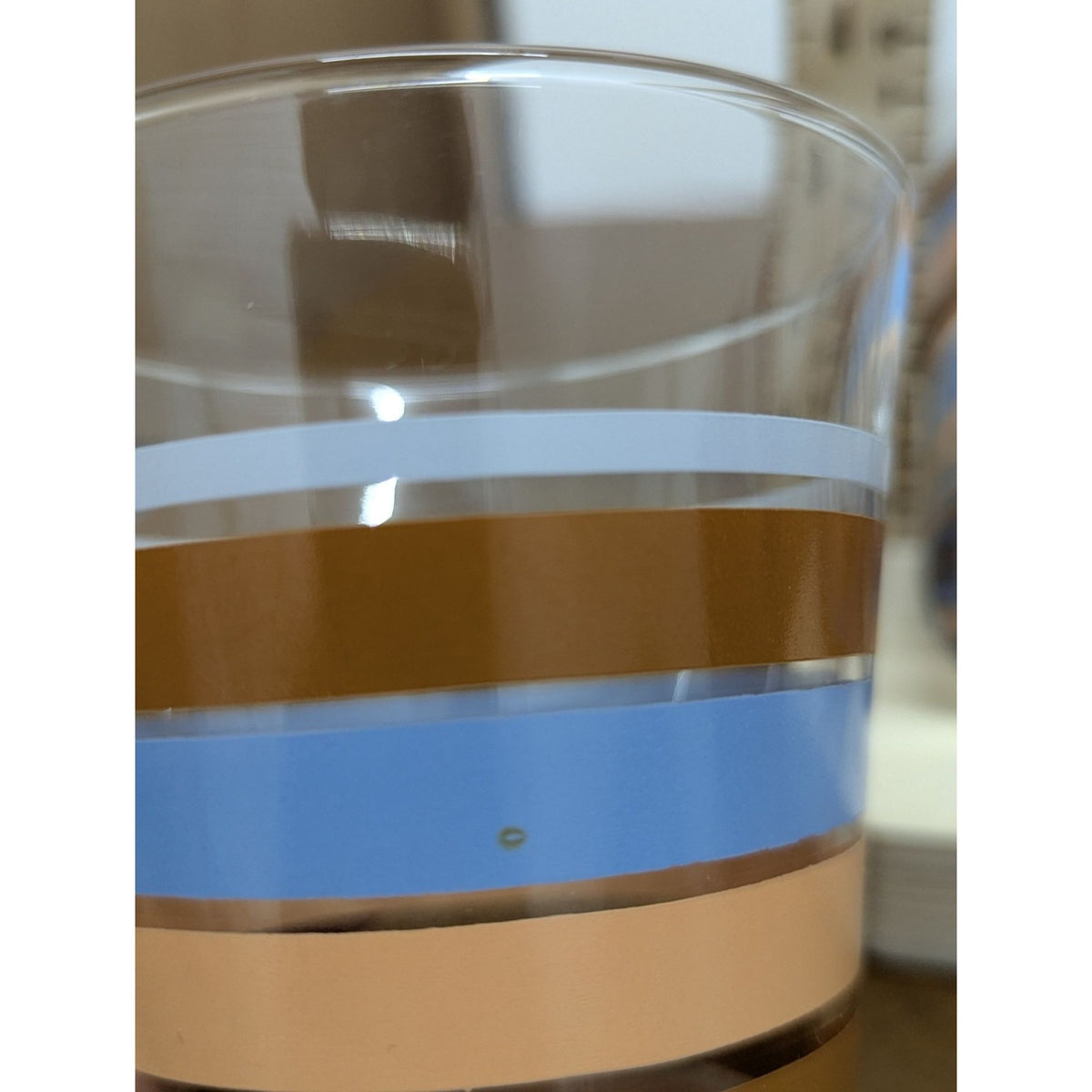 Set Of 3 Mid-Century Glasses With Blue & Gold Stripes 5.5" Tall Retro Drinkware