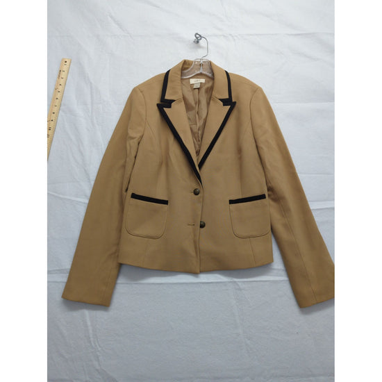 Ann Taylor Loft Tan Blazer With Black Trim Size 10 Two-Button Front Fully Lined Tailored Fit Made In Indonesia