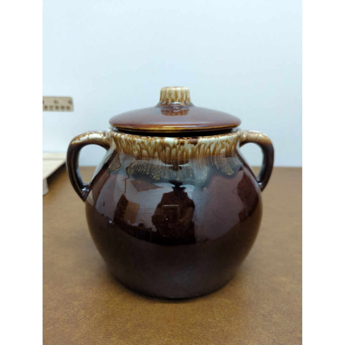 Vintage USA Two-Tone Brown Glazed Ceramic Soup Tureen With Lid 5.5" Tall Dual Handles Rustic Farmhouse Style