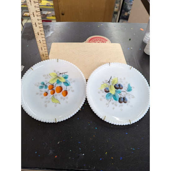 Vintage Milk Glass Plates With Hand-Painted Fruit Designs Beaded Edge Set Of 2 Wall Hangers Included 7.25" Diameter