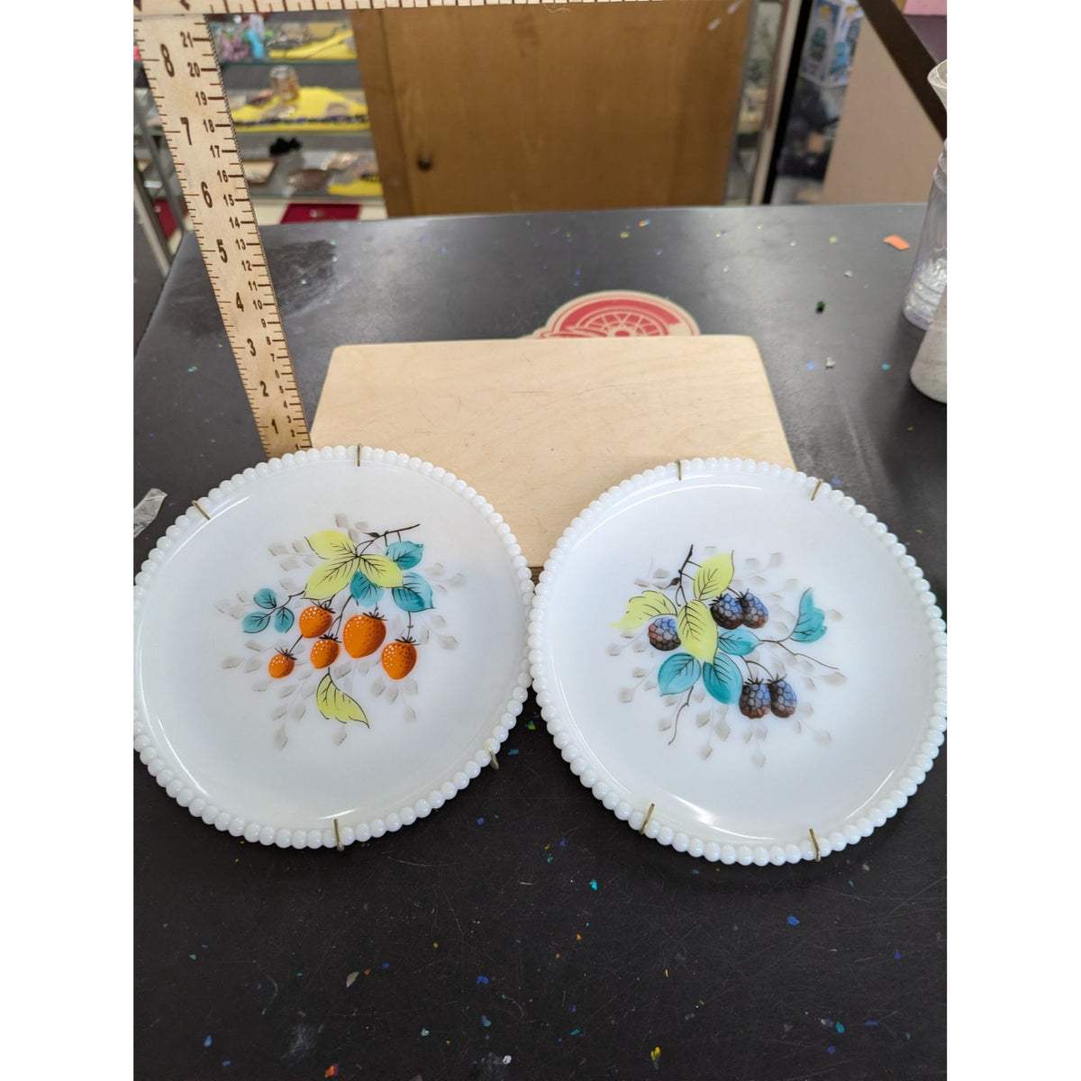Vintage Milk Glass Plates With Hand-Painted Fruit Designs Beaded Edge Set Of 2 Wall Hangers Included 7.25" Diameter