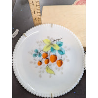 Vintage Milk Glass Plates With Hand-Painted Fruit Designs Beaded Edge Set Of 2 Wall Hangers Included 7.25" Diameter