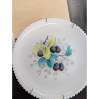 Vintage Milk Glass Plates With Hand-Painted Fruit Designs Beaded Edge Set Of 2 Wall Hangers Included 7.25" Diameter