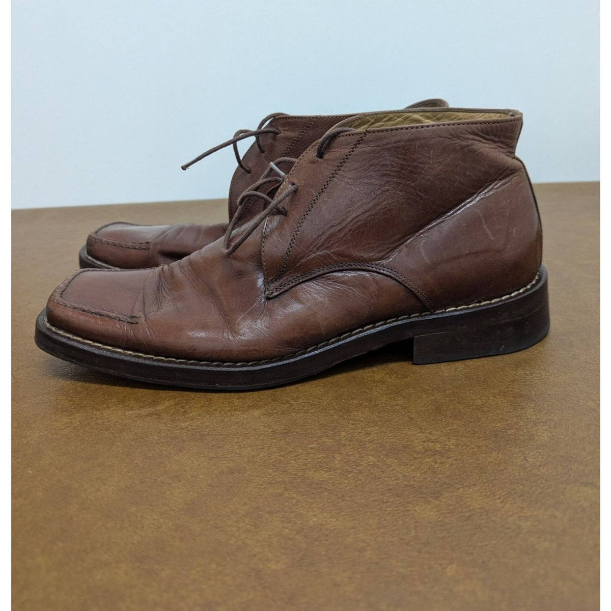Mens Brown Leather Square-Toe Lace-Up Ankle Boots Size EU 41 SoleTech Soles