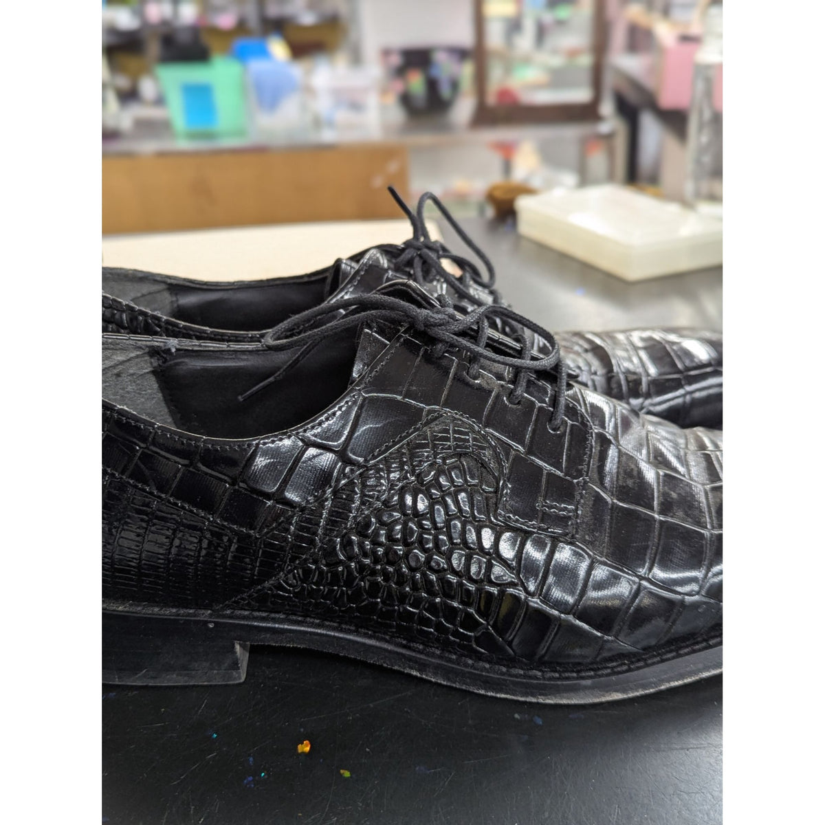 Stacy Adams Mens Triolo Black Dress Shoes Size 10M Crocodile Print Lace-Up Pre-Owned