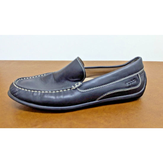 Ecco Mens Black Leather Slip-On Loafers Size 43 With White Stitching