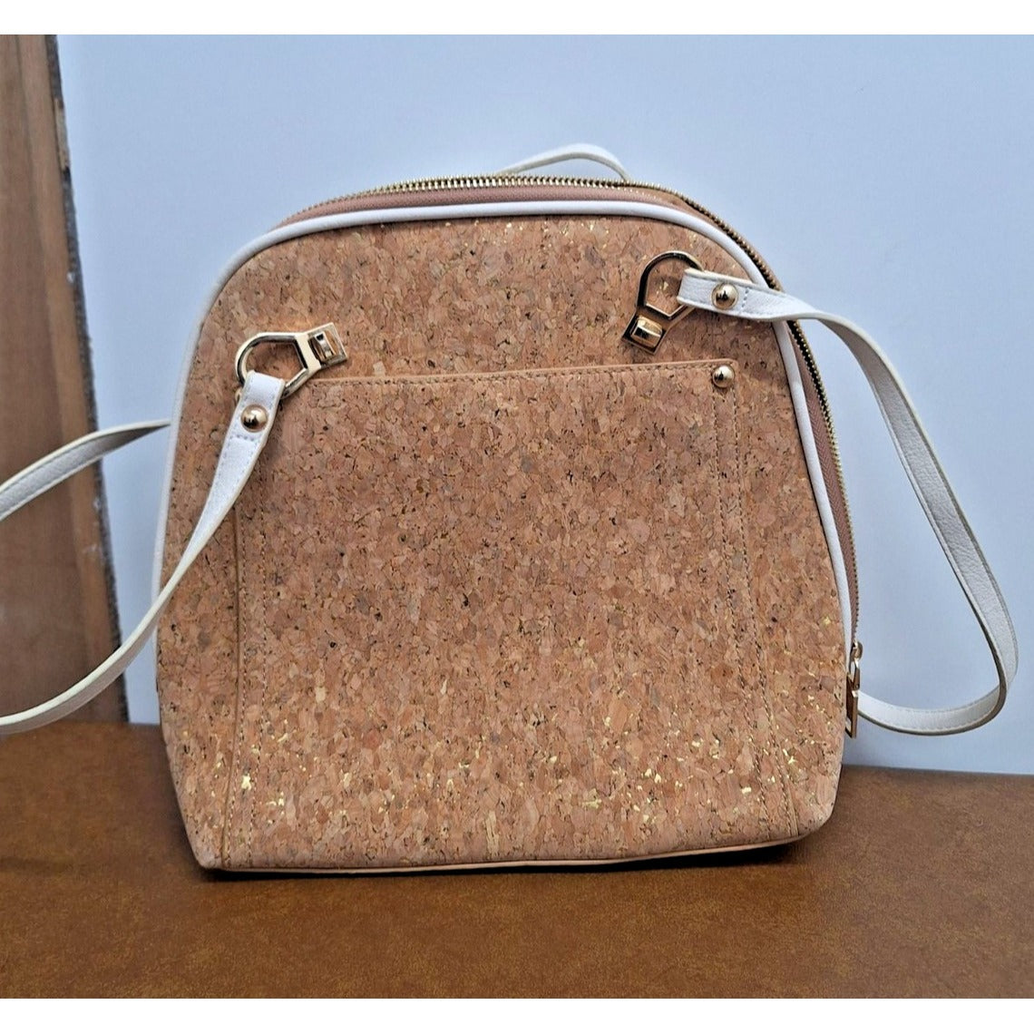 Mistique Cork & Faux Leather Double Strap Backpack Purse With Gold Accents And M
