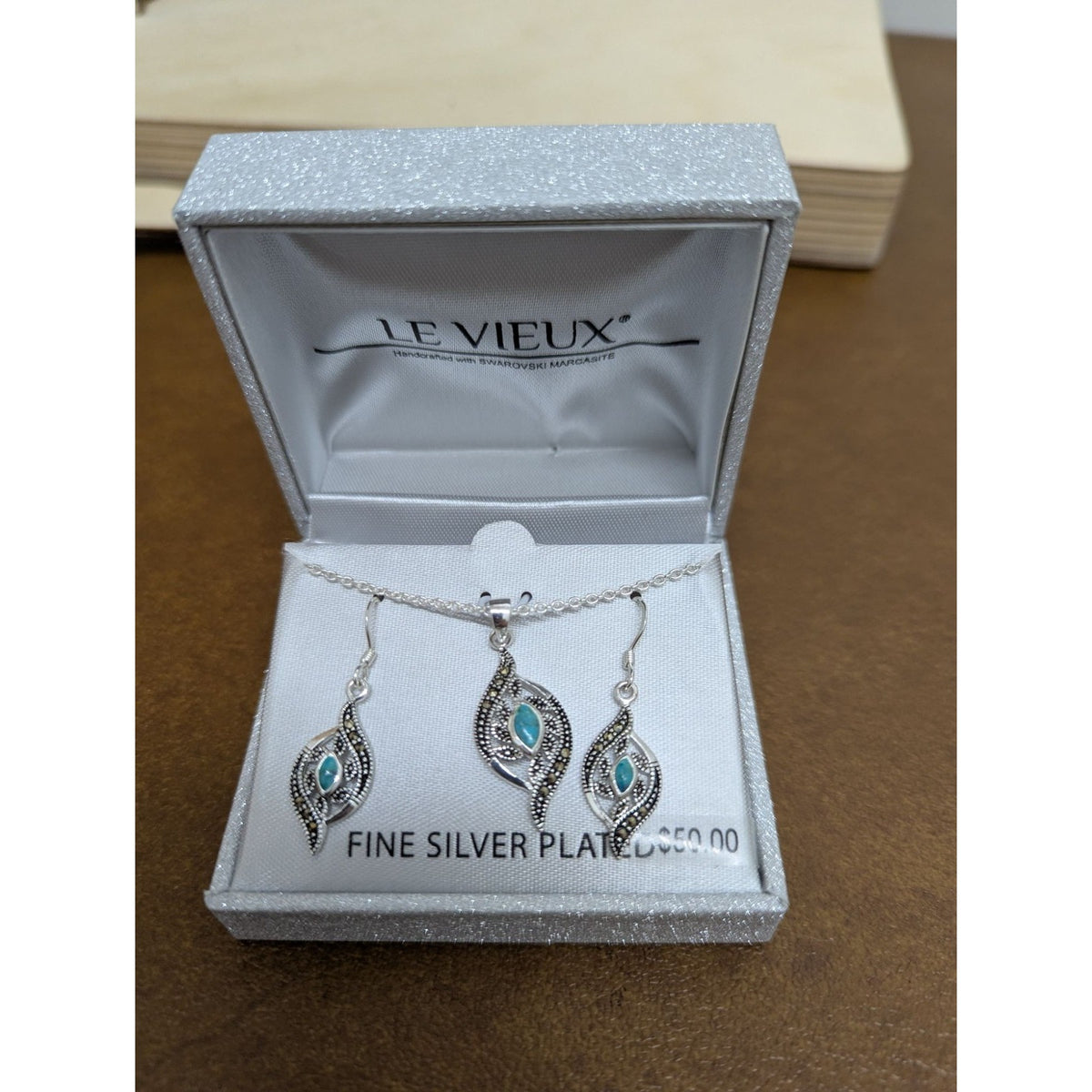 Le Vieux Fine Silver Plated Necklace & Earring Set With Swarovski Marcasite