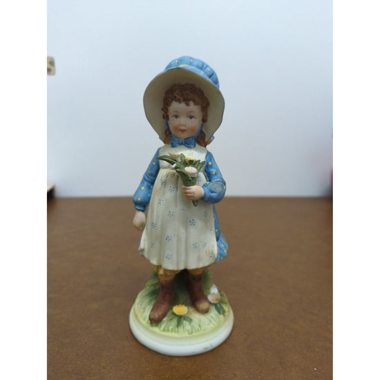 Vintage Girl Figurine With Blue Hat & Flowers Hand-Painted Porcelain 6.5" Tall Country-Style Decor Collectible