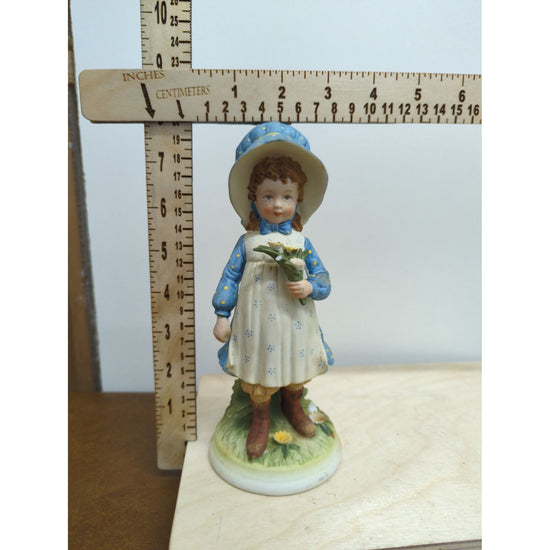 Vintage Girl Figurine With Blue Hat & Flowers Hand-Painted Porcelain 6.5" Tall Country-Style Decor Collectible
