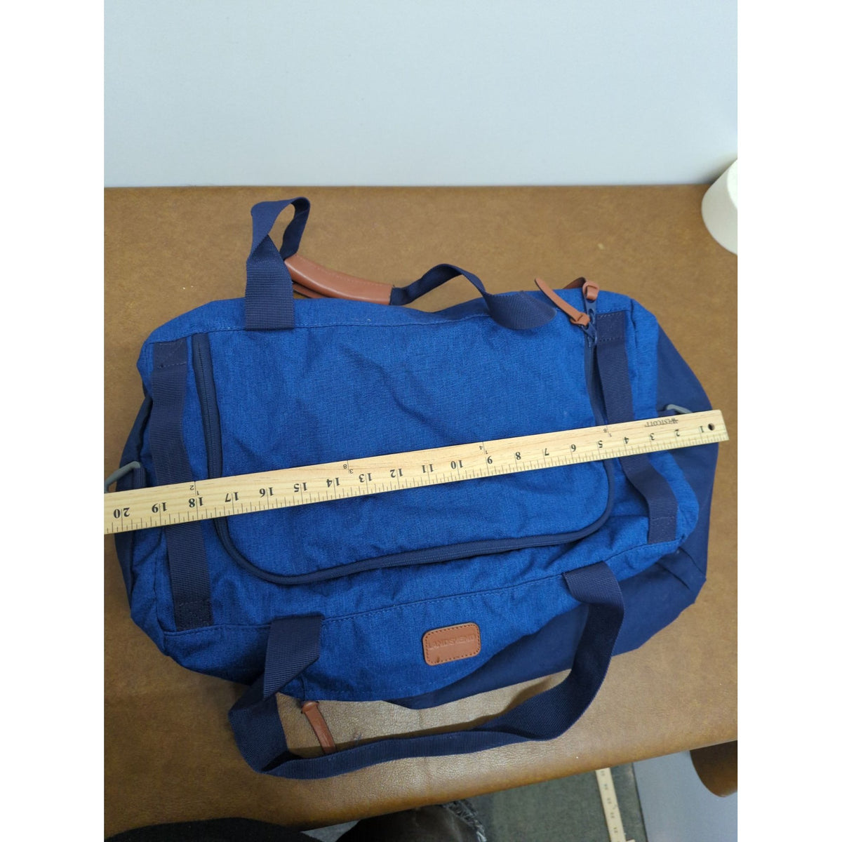 Lands End Blue Canvas Duffel Bag With Faux Leather Accents & Adjustable Strap 20"x14"x7"